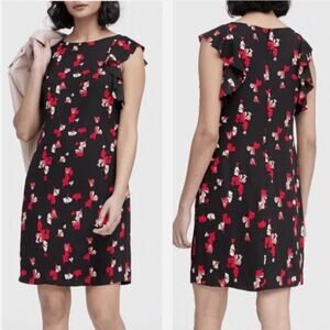 Banana Republic | Floral Shift Dress Flutter Sleeves Black Red Size 14